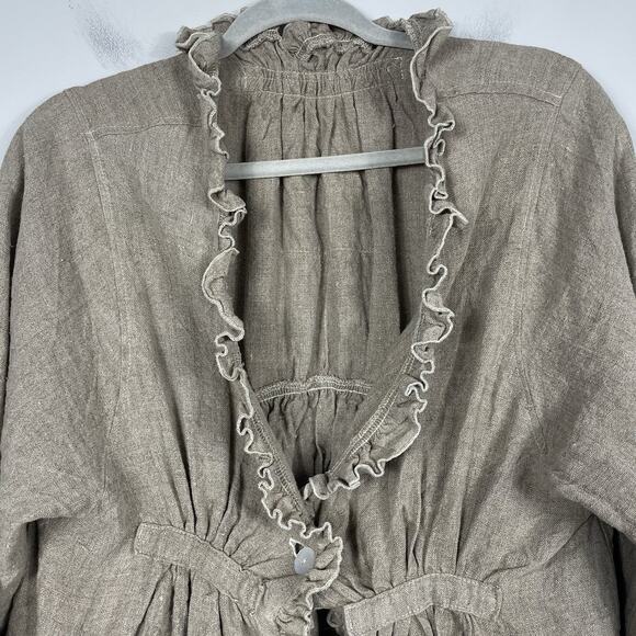 Vtg Magnolia Pearl Linen Ruffle Coat Duster Size M Oatmeal Boho Prairie Jacket - Picture 6 of 12